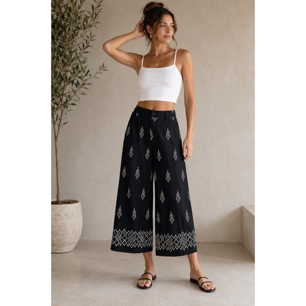 Adrianna Papell Black Embroidered Wide Leg Culotte Pants Linen Blend Size 10